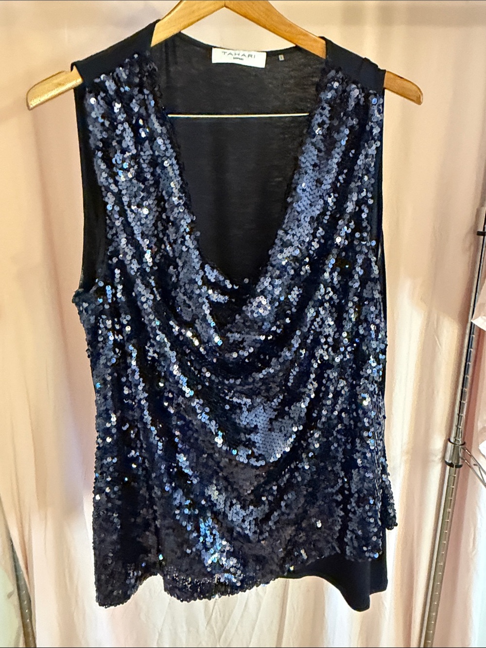 Tahari Navy Sequin Cowl Neck Sleeveless Camisole
